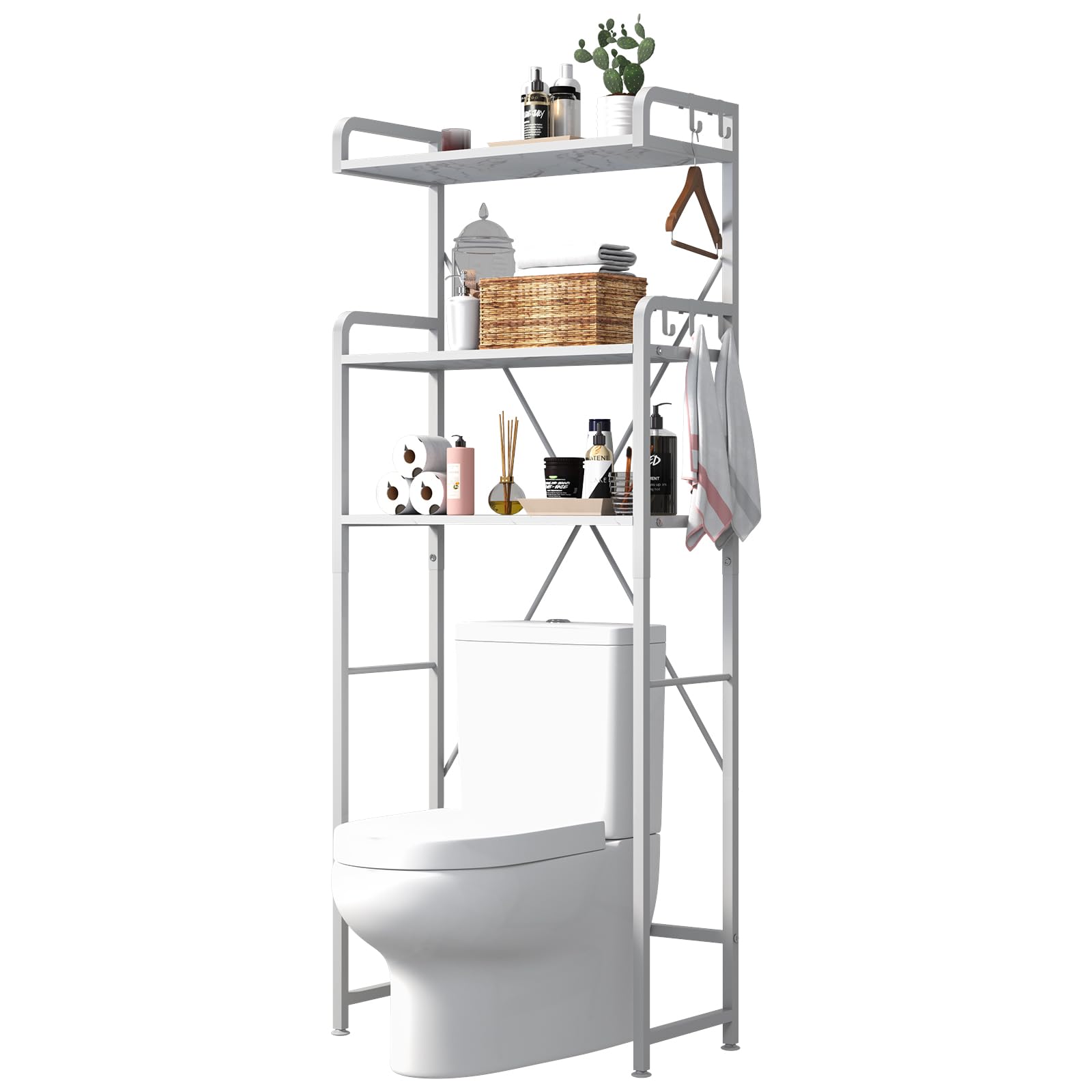 Huhote Over The Toilet Storage Rack with 3-Tier Bathroom Shelves, Space Saver Toilet Shelf, Bathroom Storage Organizer with Hooks for Over Toilet Storage and Bathroom Shelf (White Faux Marble)