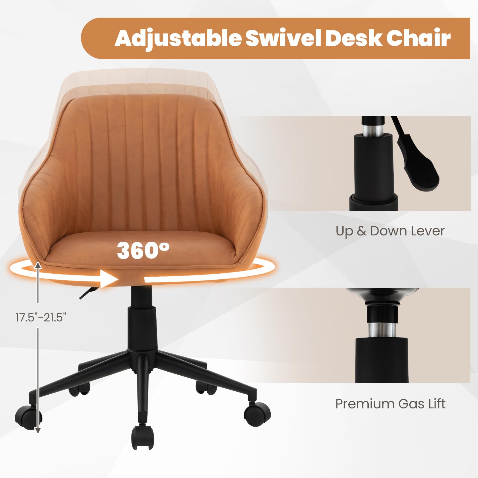 Giantex Leather Office Chair Brown, Mid Century Desk Chair with Wheels and Ergonomic Armrests, Adjustable Swivel Rolling Task Chair, Upholstered Leisure Arm Chair for Home Office Study Bedroom (1)