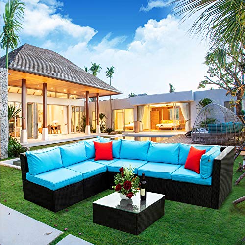 ERYE Weather Conversation, Outdoor Garden PE Rattan Manual Weaving Wicker Sectional Sofa 2 Pillow, 5 Pieces Modular Patio Furniture Set, Black+Light Blue