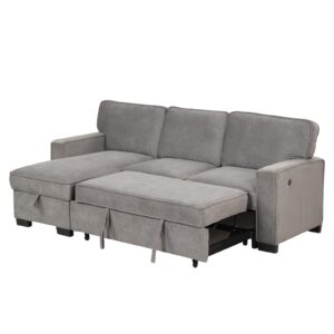 EBELLO Convertible Sleeper Sofa 3 in 1, Chenille Modern L-Shaped Couches for Living Room, Pull Out Sectional Futon Sofa Bed with Storage Space, USB Ports and Cup Holders for Bedroom, Grey