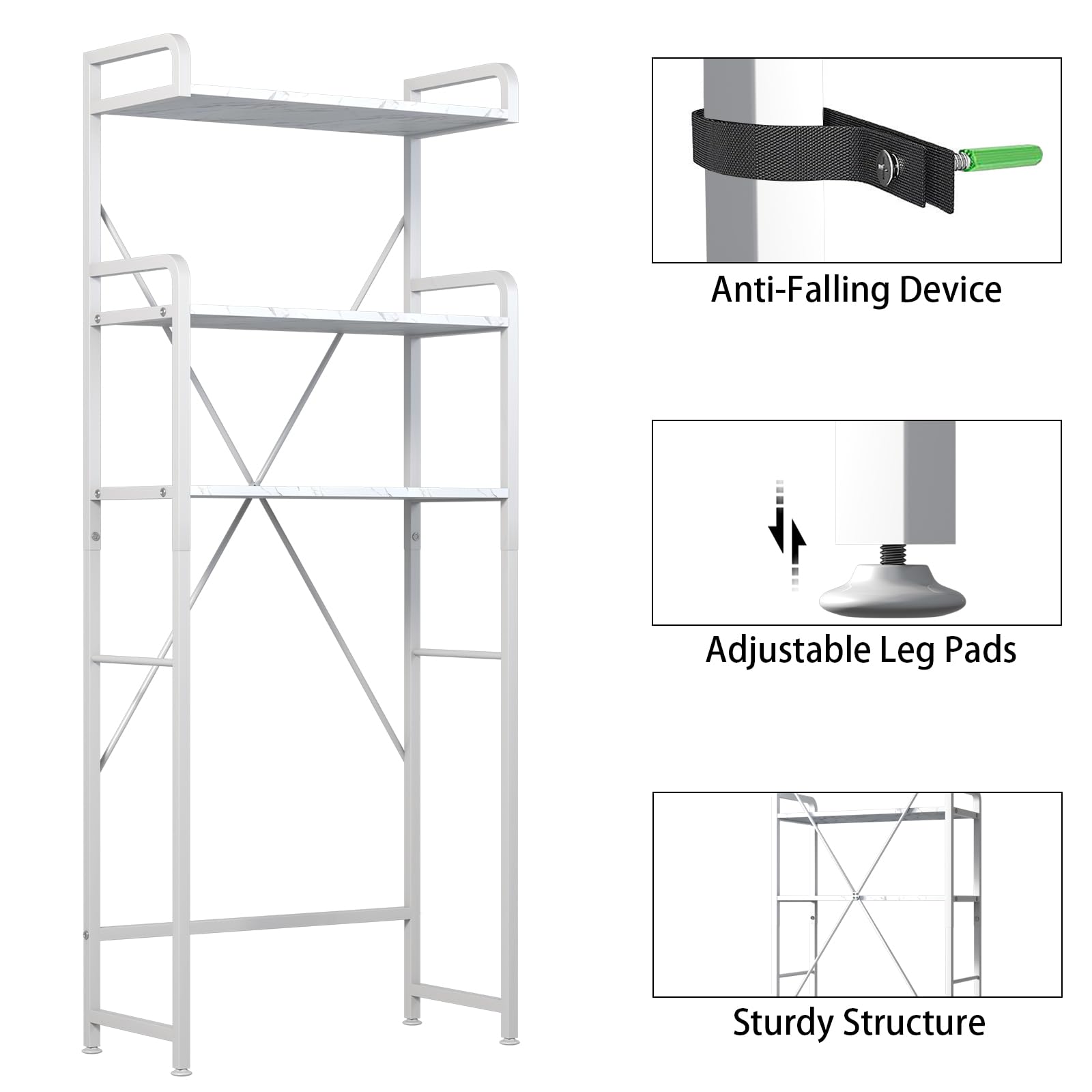 Huhote Over The Toilet Storage Rack with 3-Tier Bathroom Shelves, Space Saver Toilet Shelf, Bathroom Storage Organizer with Hooks for Over Toilet Storage and Bathroom Shelf (White Faux Marble)