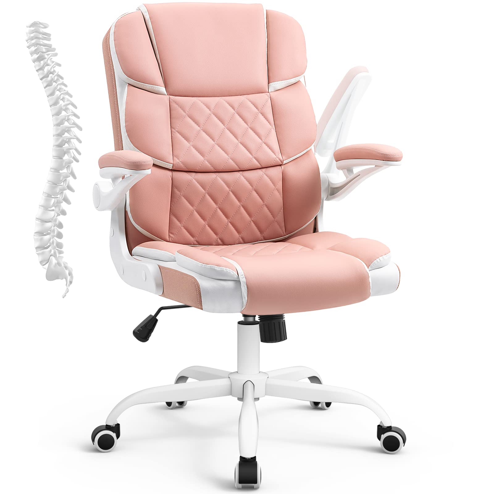 SEATZONE Ergonomic Office Chair Pink PU Leather Desk Chairs Computer Chair with Wheels and Flip-up Arms,Rolling Swivel Task Chair for Women,Girls