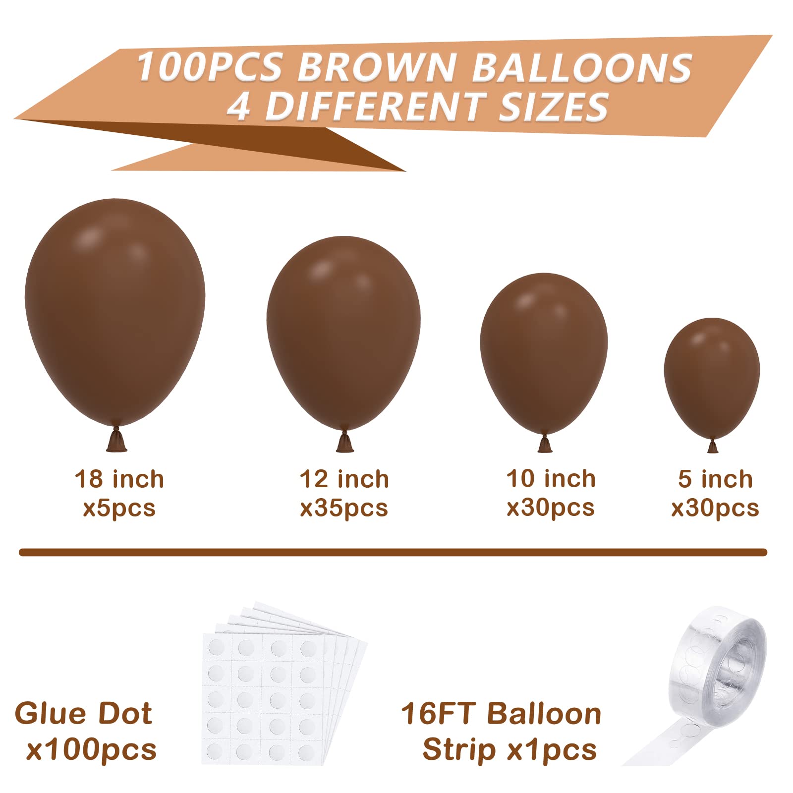 YAOWKY 100PCS Brown Balloons Different Sizes 18 12 10 5 Inches,Matte Coffee Brown Latex Balloons Garland Arch Kit with Glue Dot and Strip for Birthday Weddings Anniversary Graduation Party Decorations