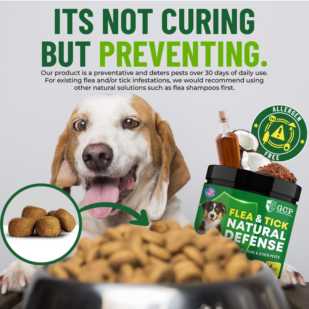 Flea and Tick for Dogs Chewable Pills - No Harsh Chemicals - 100 Chicken Flavored Treats - Guardian's Choice Pets Brand - Tasty Chews Dogs Love - Flea Pills for Dogs