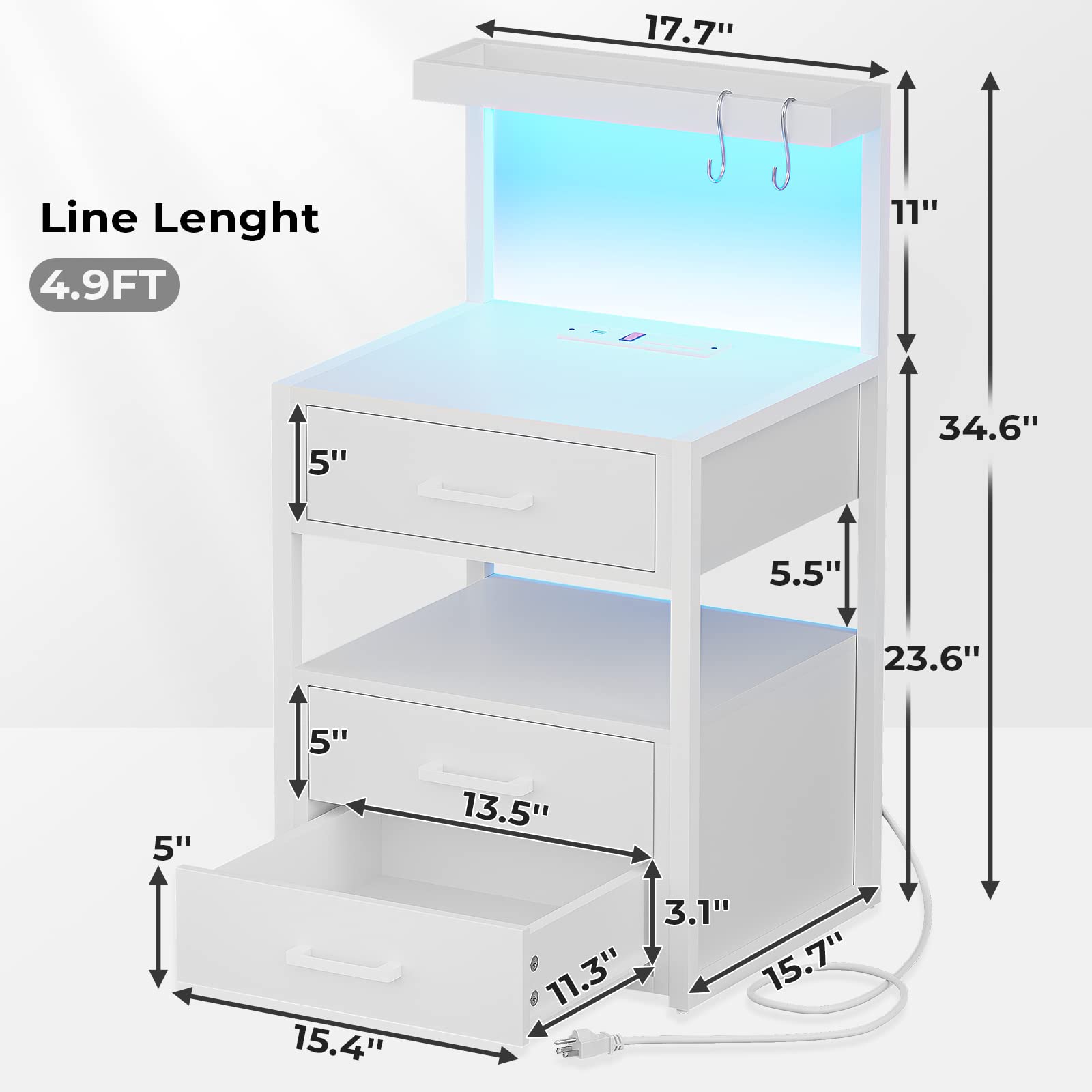 AOGLLATI Nightstand Set of 2 with Charging Station and LED Lights, Bedside Table with 3 Drawers and Open Storage Shelves, 2 USB Ports and 2 AC Outlets, LED Night Stand for Bedroom, 2 Pack, White