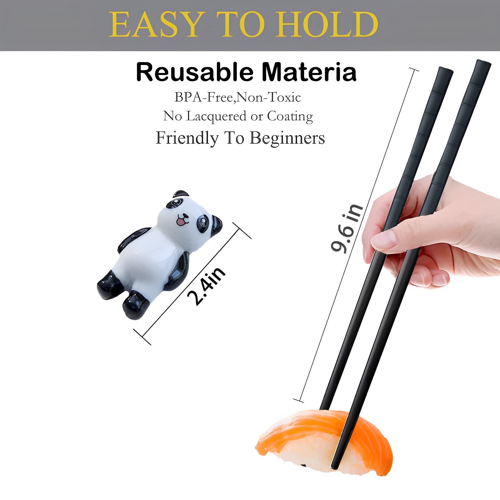 Chopsticks and Chopstick Rest Gift Set,Dishwasher Safe Reusable Fiber Glass Chopsticks and Porcelain Panda Chopsticks Holders,Red Black 2 Pairs