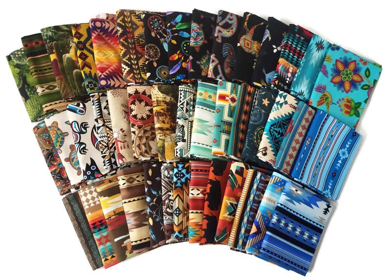 10 Fat Quarters - Southwest Southwestern Aztec Tribal Adobe Cliffs Desert Cactus Plains Woven Blanket Baskets Pottery Stripes Fabrics Quality Quilters Cotton Assorted Fat Quarter Bundle