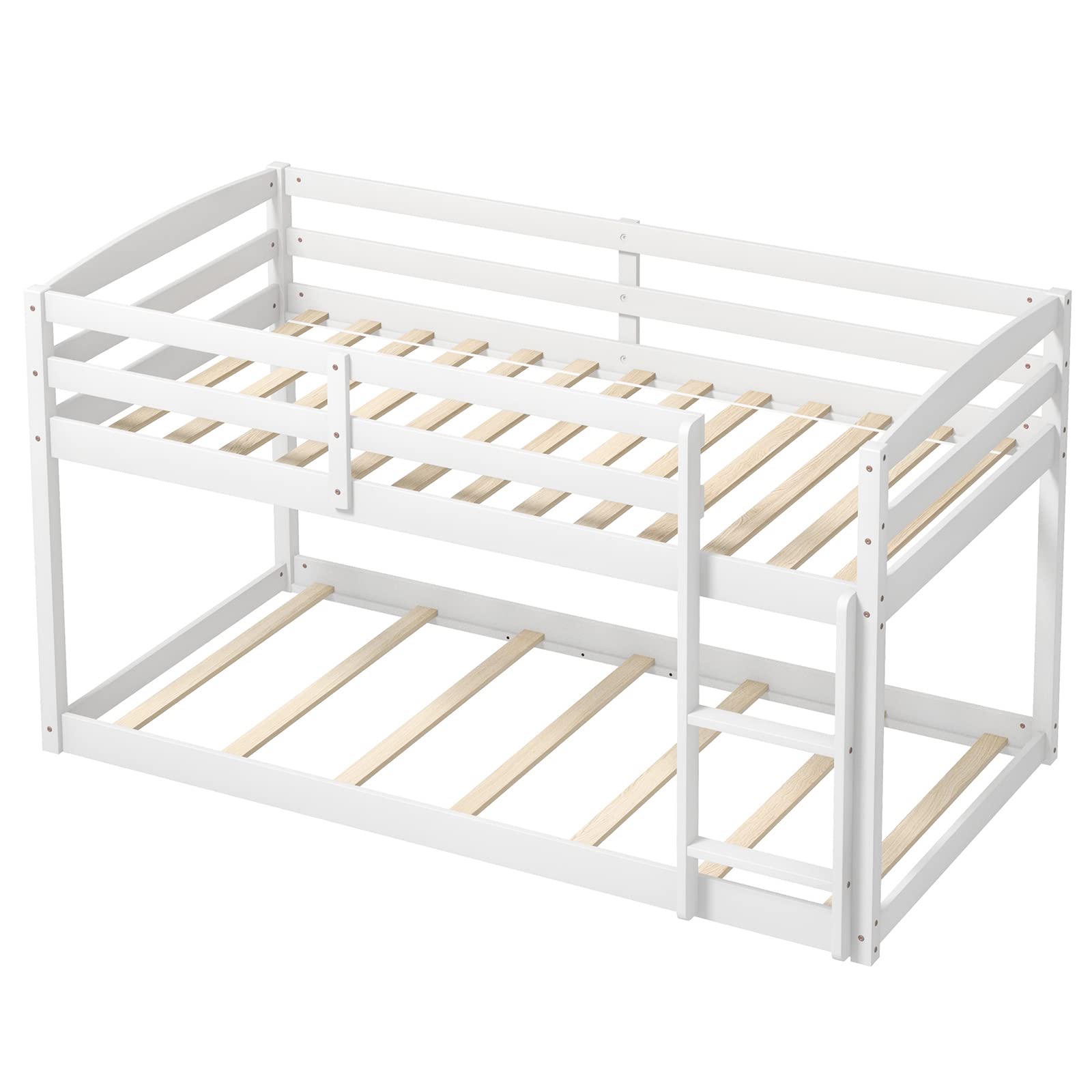 Giantex Twin Low Bunk Bed, Solid Wood Twin Over Twin Bunk Bed Frame with Full Guardrails & Integrated Ladder, Floor Twin Bunk Beds for Kids Boys and Girls, No Box Spring Needed, White