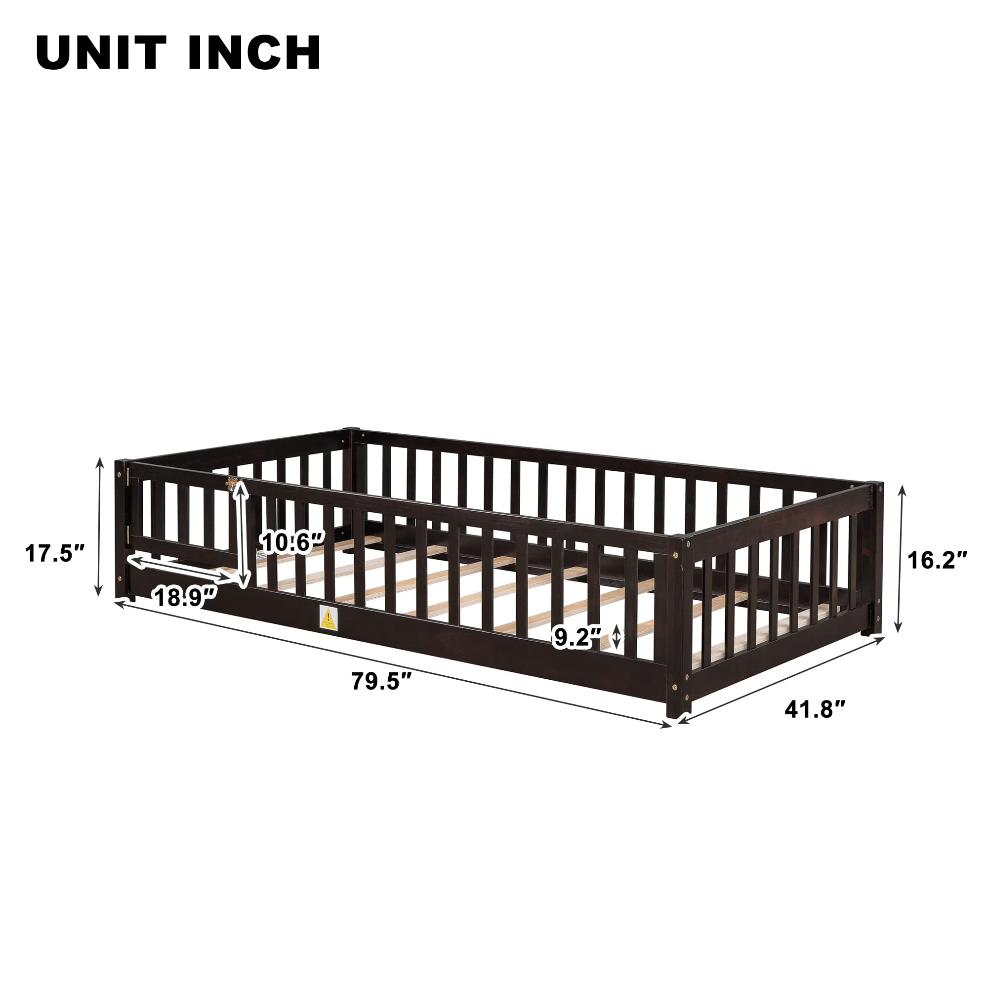 Bellemave Twin Size Wooden Floor Bed Frame with Fence Railings and Support Slats for Kids, Espresso