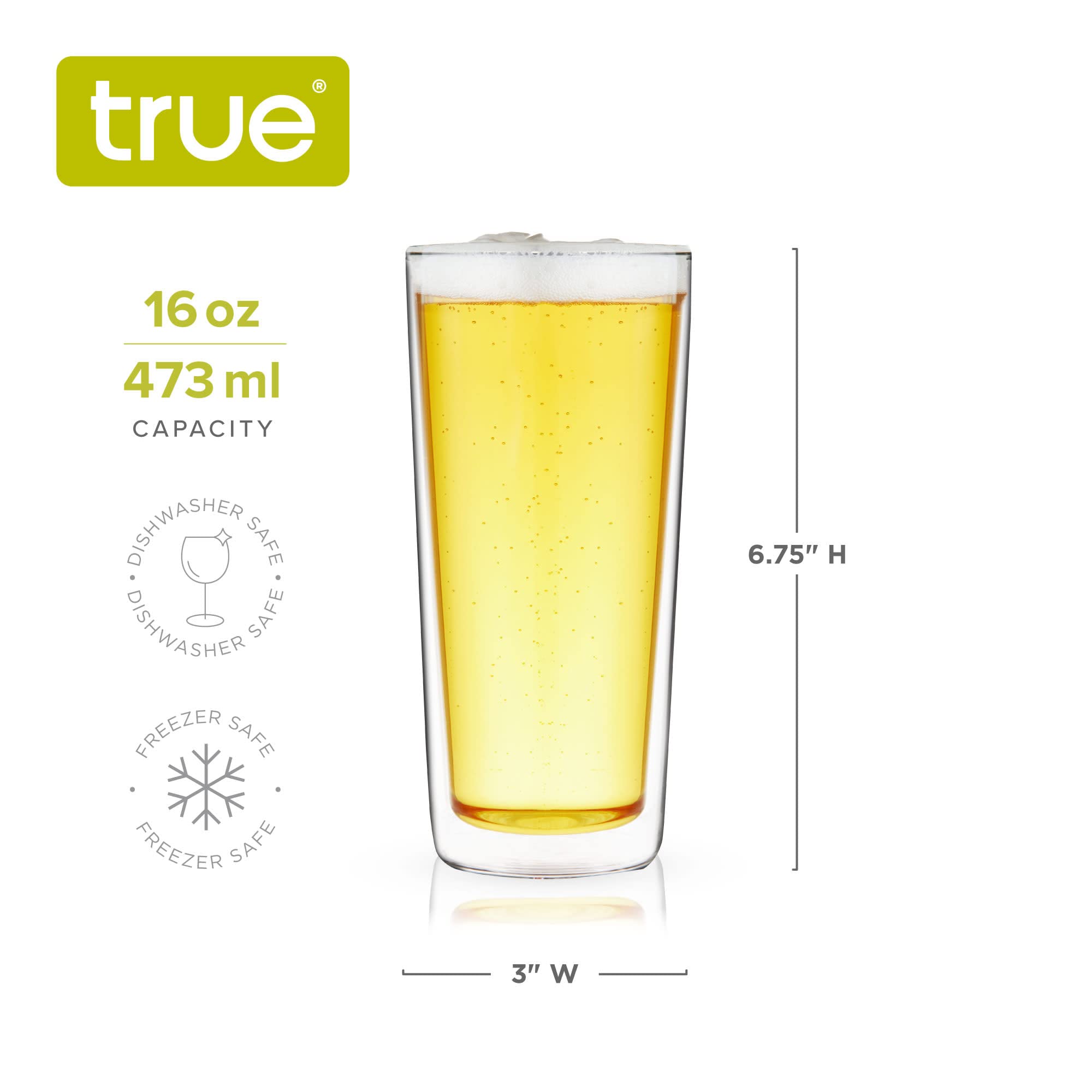 True Double Walled Beer Glasses Drinking Set, Pint Glass Tumblers for Housewarming, Birthday, Wedding, Home Bar Accessories, 16 oz, Set of 2, Clear