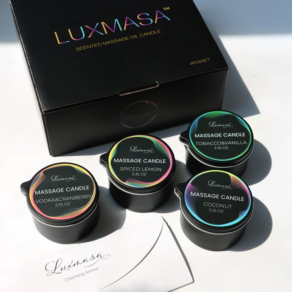 LUXMASA Low Temp Massage Candles for Massage Therapy-Natural Soybean Massage Oil Candles for Couples-Romantic Body Lotion Candle Wax Gift Set of 4 pcs 13.4 OZ