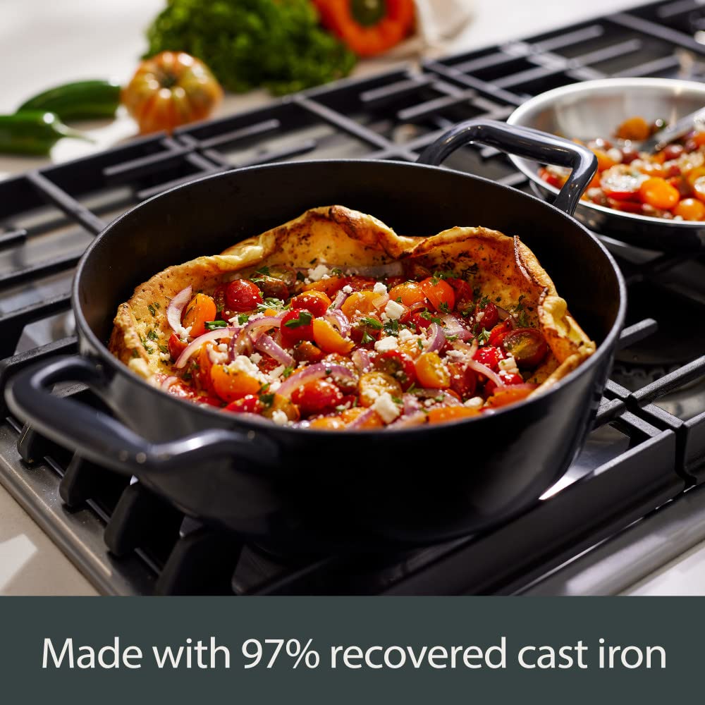 All-Clad Cast Iron Enameled Square Grill with Acacia Trivet 11 Inch Induction Oven Broiler Safe 650F Pots and Pans, Cookware Black