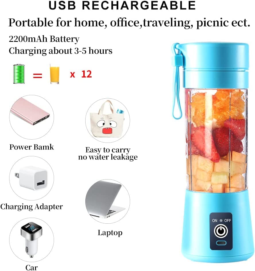 Portable Blender USB Rechargeable Best Personal Blender for Shakes and Smoothies, with 4 Ultra-sharp Blades for Travel, Office & Sports (Blue)