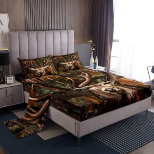 camo deer kids sheet full size,dead branches wild animals hunting bedding set,boys girls adults room decor,rustic farmhouse camouflage brown retro bed sheet set 4pcs(fitted + flat + 2 pillowcases)