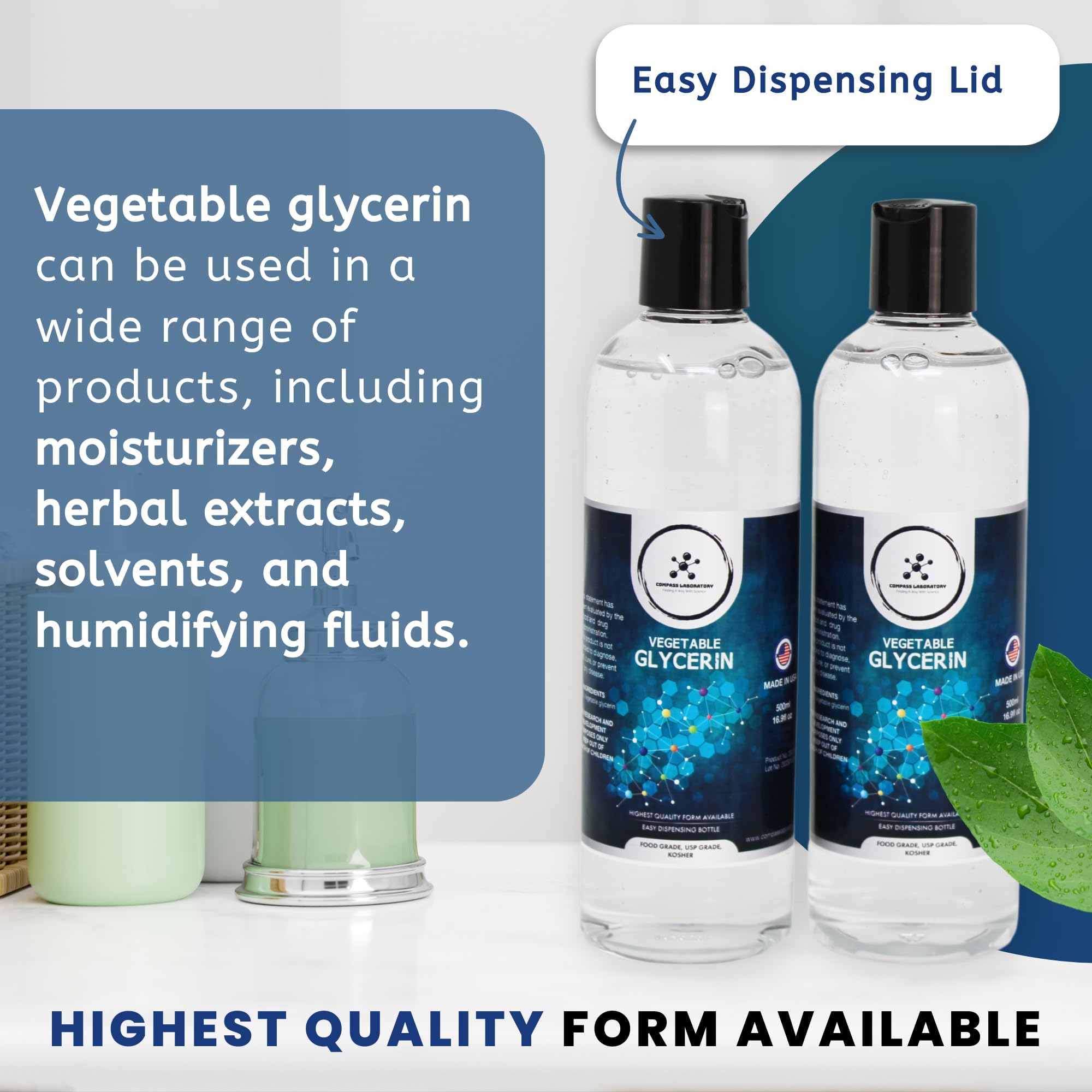 Vegetable Glycerin 2 Pack, Pure VG, USP Kosher Food Grade VG Liquid for Soaps, Lotions, Moisturizers, Solvents, 500mL by Compass Laboratory