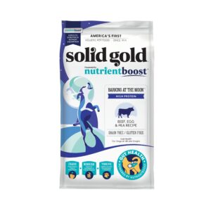 solid gold dry dog food w/nutrientboost for adult & senior dogs - made with real beef, egg, and pea - barking at the moon high protein dog food for energy, digestive and immune support - 11 lb bag