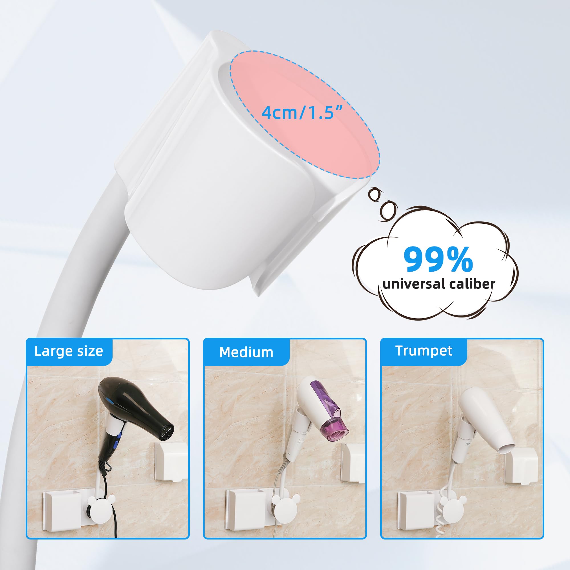 Hands-free Hair Dryer Holder with Any Angle Rotating Fully Positionable Arm. Bathroom Wall Mount Blow Dryer Holder, No Drilling Design, Can be Firmly Installed on the Wall