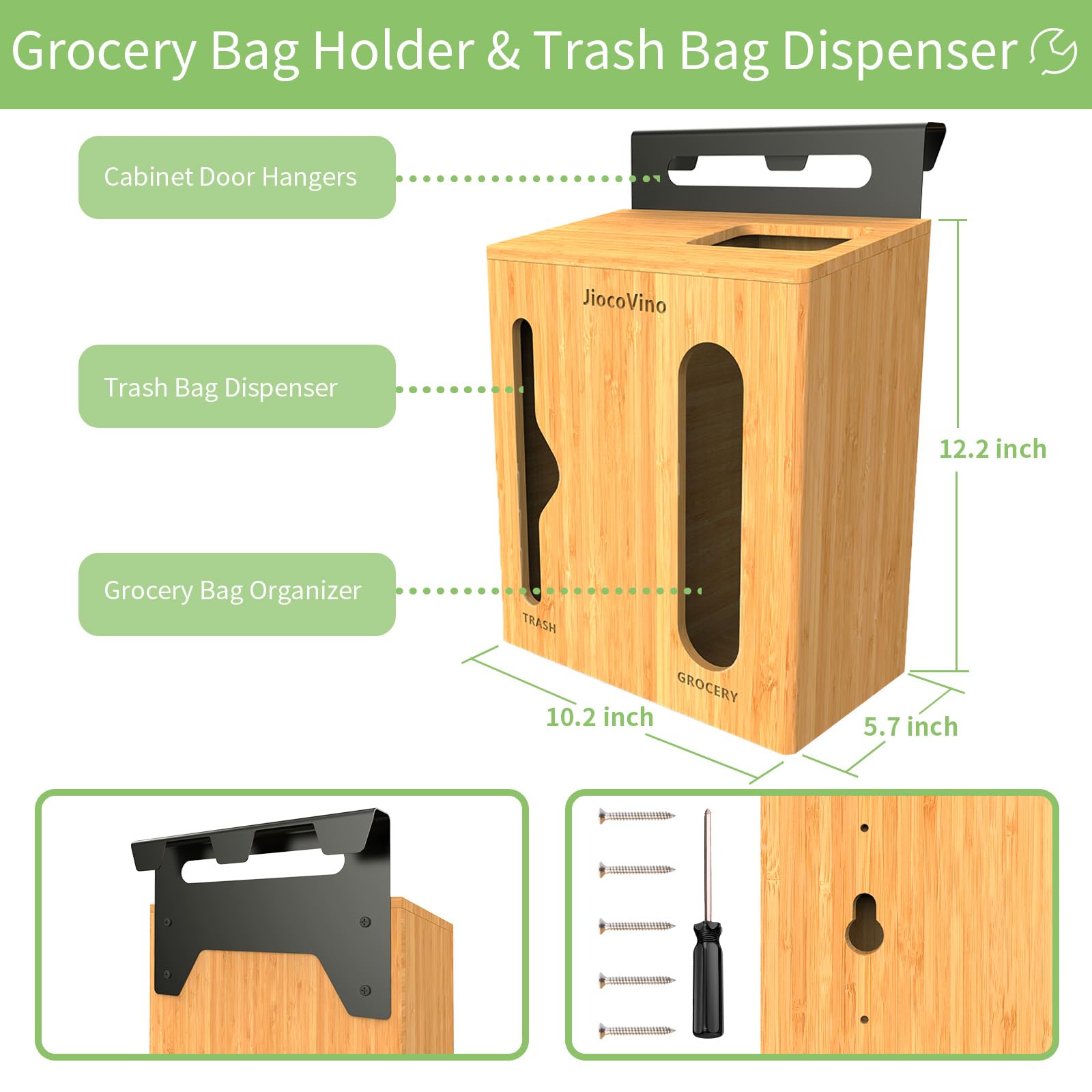 JiocoVino Grocery Bag Holder & Trash Bag Dispenser, Bamboo 2 in 1 Plastic Bag Holder for Grocery Bags and Garbage Bags, Kitchen Under the Sink Organizers and Storage, Fits 13 Gallon Trash Bag