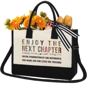 going away gifts for coworkers, enjoy the next chapter canvas tote bag retirement gift bag for women, never forget the difference you make gifts handbag with zipper for friends, teacher, nurse