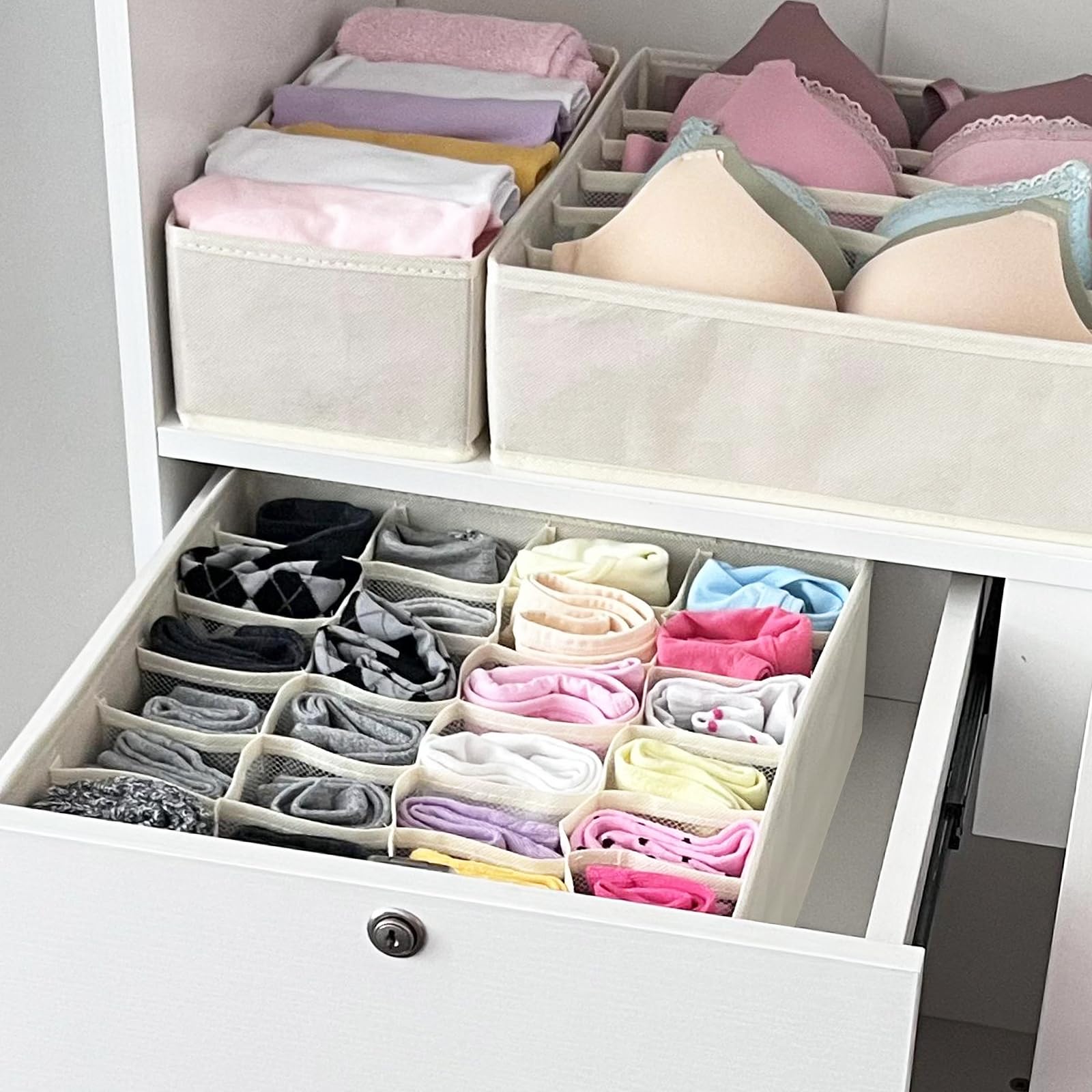 JM PLUS LLC 6 Pack Underwear Organizer with dividers, 58 Cell Drawer Organizer for Clothing Foldable Non-Woven Fabric Dresser Organizer & Storage Boxes for Socks Bra Panty Scarf Ties (Beige)