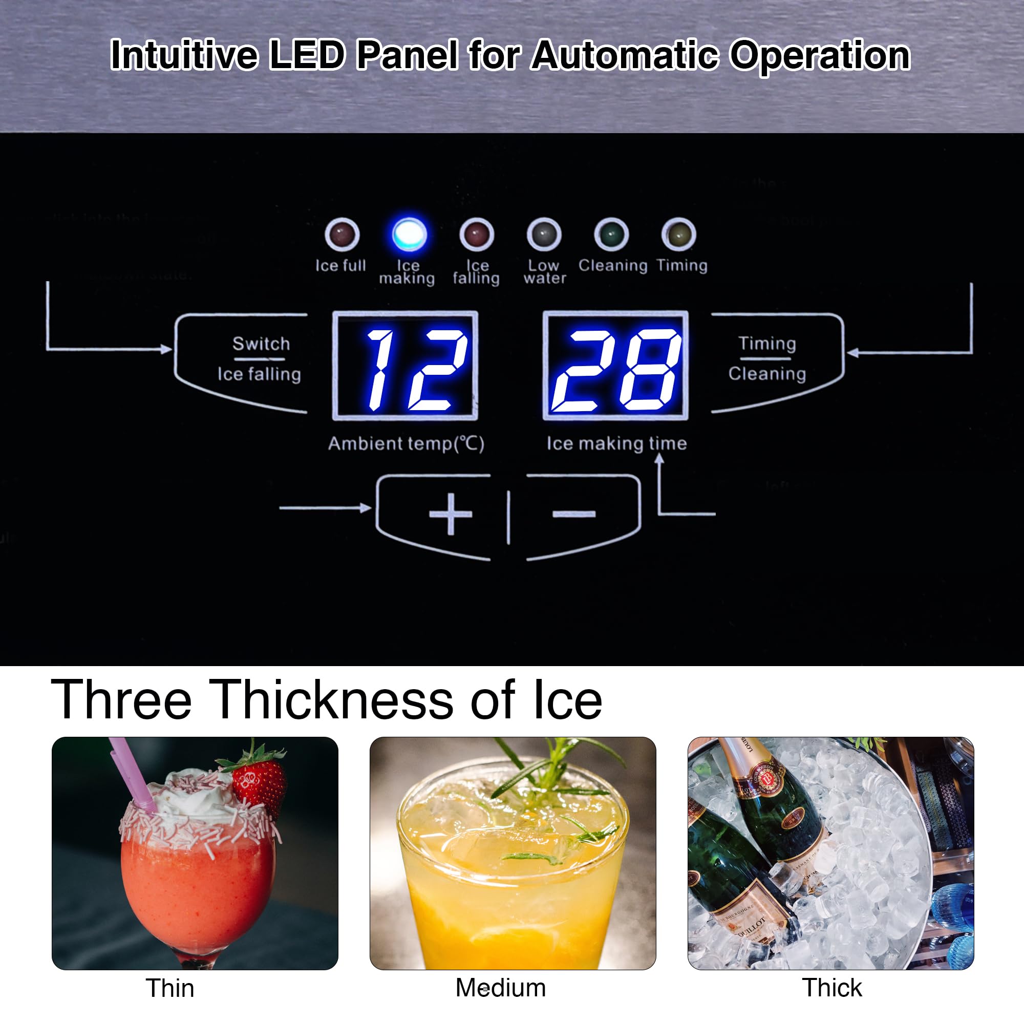 Zomagas Ice Maker, Commercial Ice Maker Machine 120-130LBS/24H with 28LBS Storage Bin, Freestanding/Under Counter Ice Machine for Home/Party/Bar/Restaurant,Include Water Filter, Scoop, Connection Hose