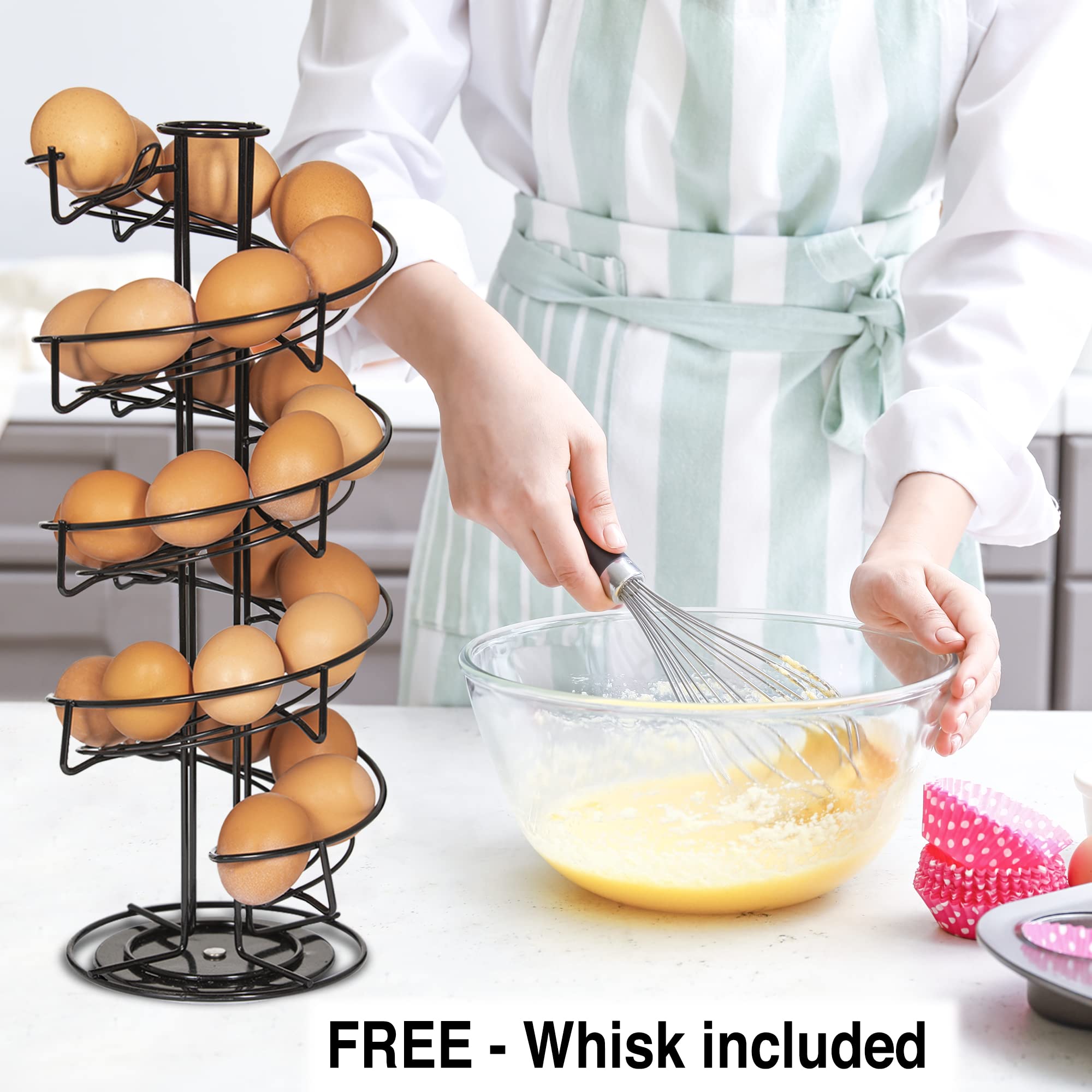 WOODLAND ACRES Rotating Spiral Egg Dispensing Rack, Egg Skelter, Countertop egg storage & display. INCLUDES Matching Egg Collecting Basket