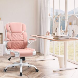 SEATZONE Ergonomic Office Chair Pink PU Leather Desk Chairs Computer Chair with Wheels and Flip-up Arms,Rolling Swivel Task Chair for Women,Girls