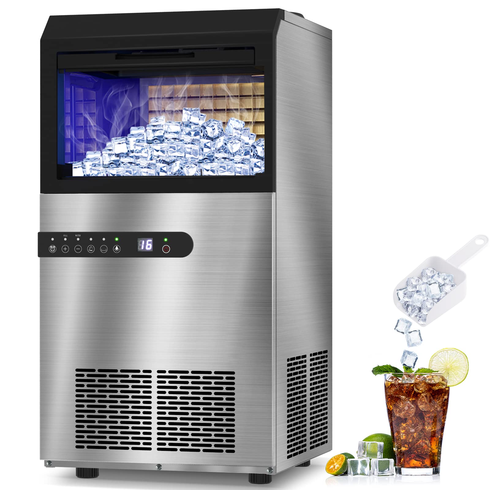 LifePlus Commercial Ice Maker Machine 100Lbs/24H, Stainless Steel Under Counter ice Machine with Large Storage Bin, 45 Ice Cubes/Cycle, 2 Way Water Supply, Freestanding for Home Party Shop Office Bar