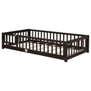 Bellemave Twin Size Wooden Floor Bed Frame with Fence Railings and Support Slats for Kids, Espresso