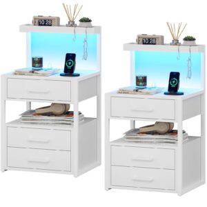 aogllati nightstand set of 2 with charging station and led lights, bedside table with 3 drawers and open storage shelves, 2 usb ports and 2 ac outlets, led night stand for bedroom, 2 pack, white