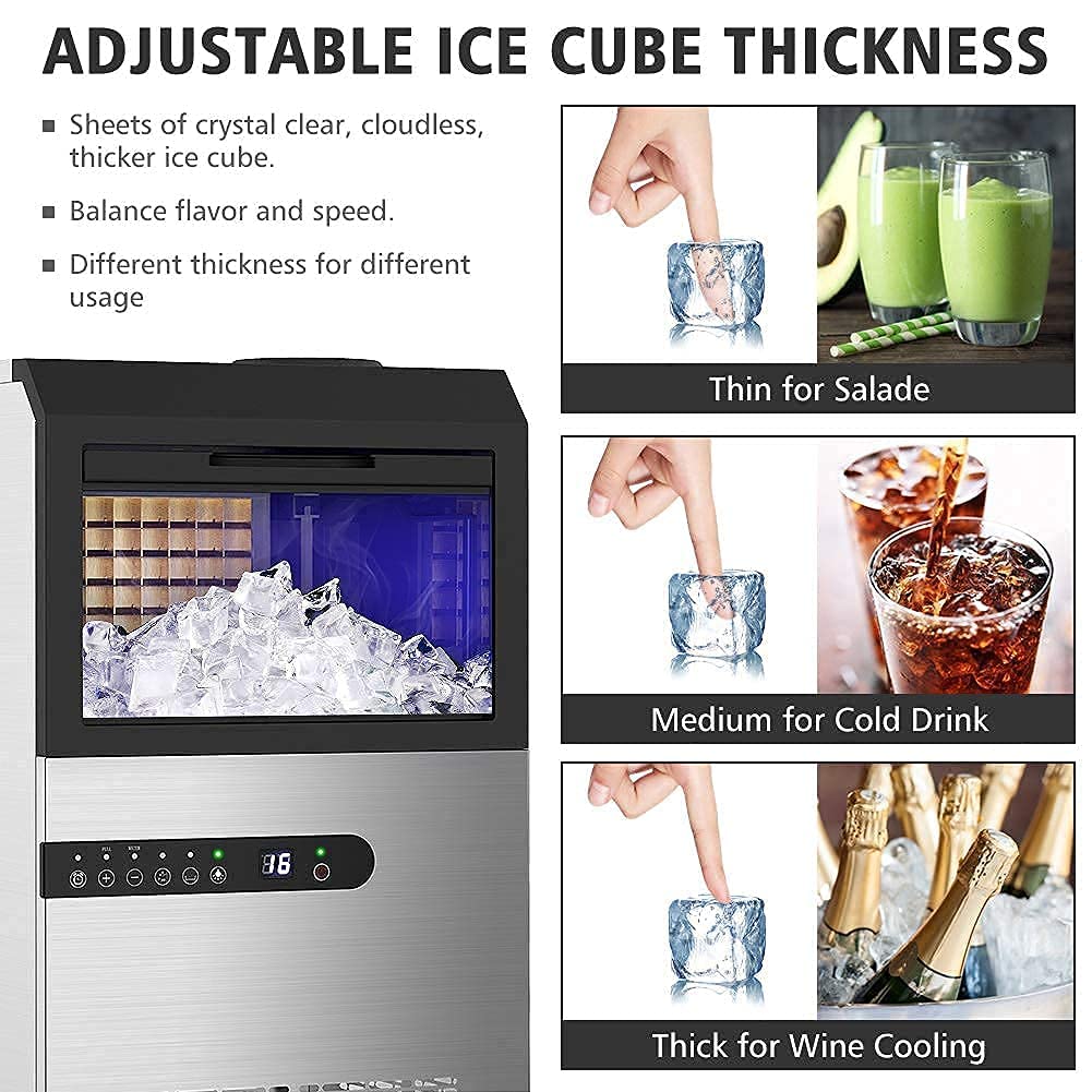 LifePlus Commercial Ice Maker Machine 100Lbs/24H, Stainless Steel Under Counter ice Machine with Large Storage Bin, 45 Ice Cubes/Cycle, 2 Way Water Supply, Freestanding for Home Party Shop Office Bar