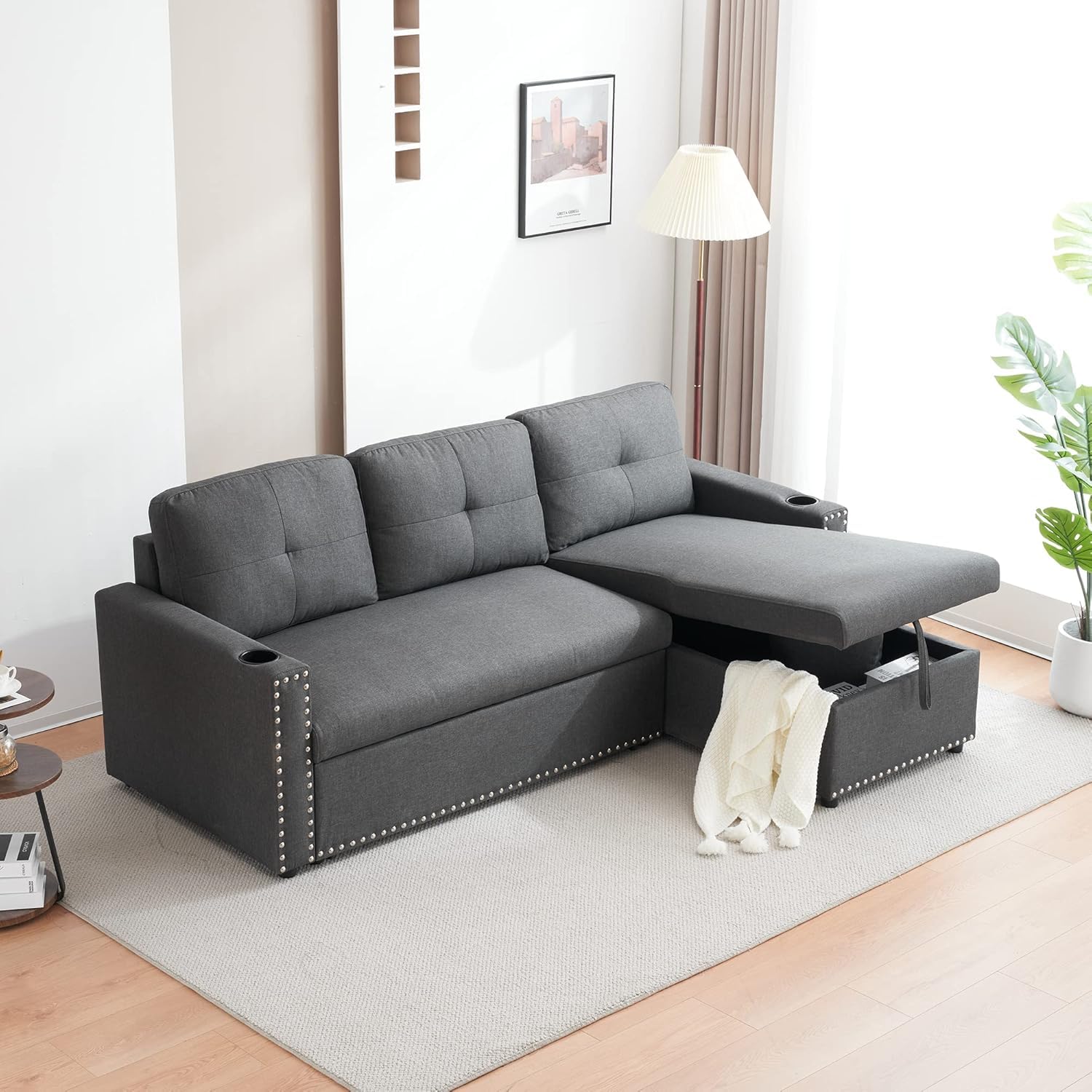 Payeel L Shape Sleeper Sectional Sofa with Storage Chaise Lounge, 83" Pull Out Convertible Sofa Bed with Cup Holder, 3 in 1 Sofa Sleeper Couch for Living Room, Apartment