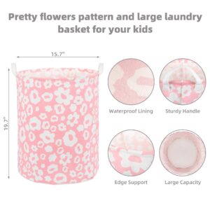 Foldable Baby Laundry Basket Hamper for Nursery Girl kids Clothes laundry hamper basket Portable Tall Collapsible Cute Laundry Basket Organizer, Nursery Storage Basket with Handles (Pink Flowers)