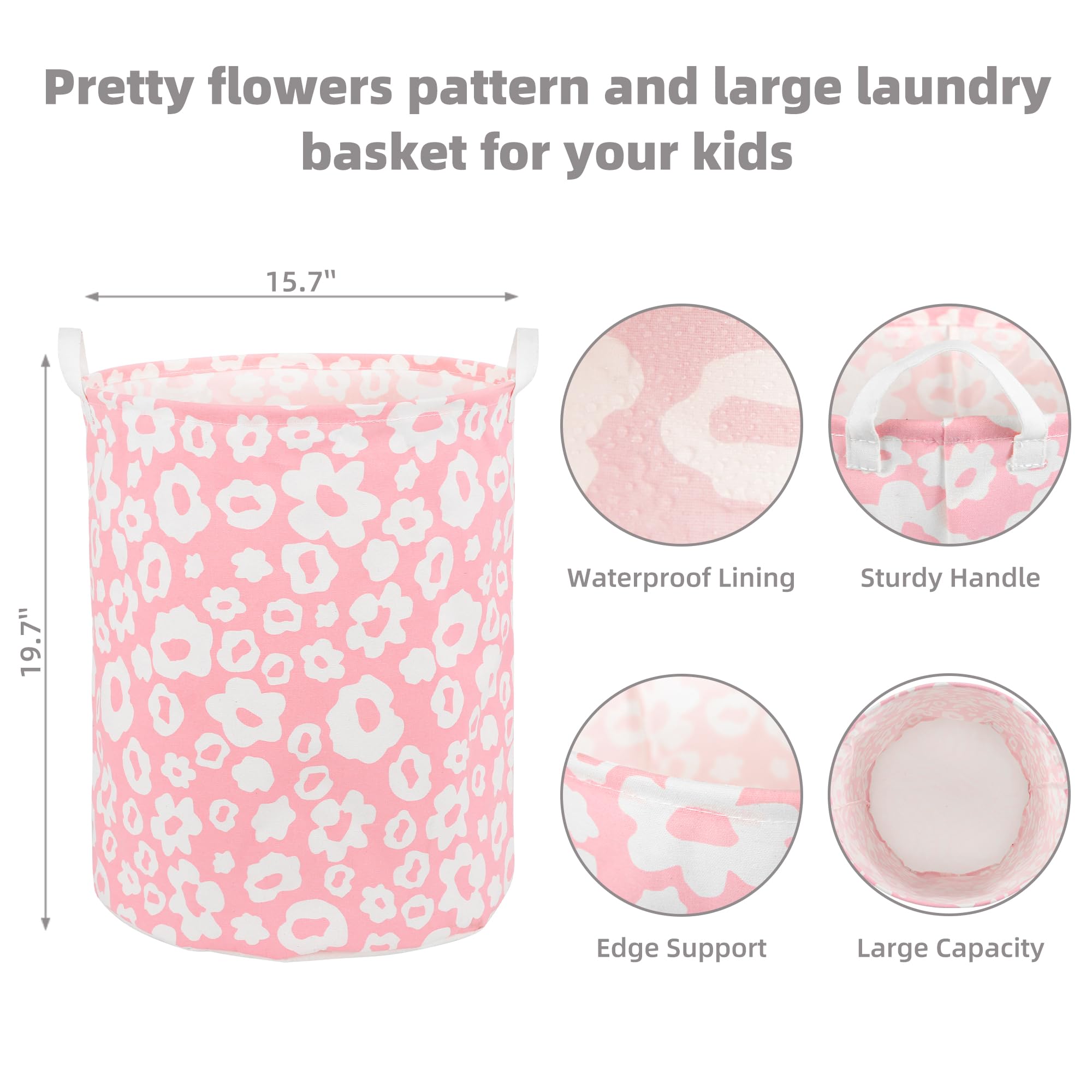 Foldable Baby Laundry Basket Hamper for Nursery Girl kids Clothes laundry hamper basket Portable Tall Collapsible Cute Laundry Basket Organizer, Nursery Storage Basket with Handles (Pink Flowers)