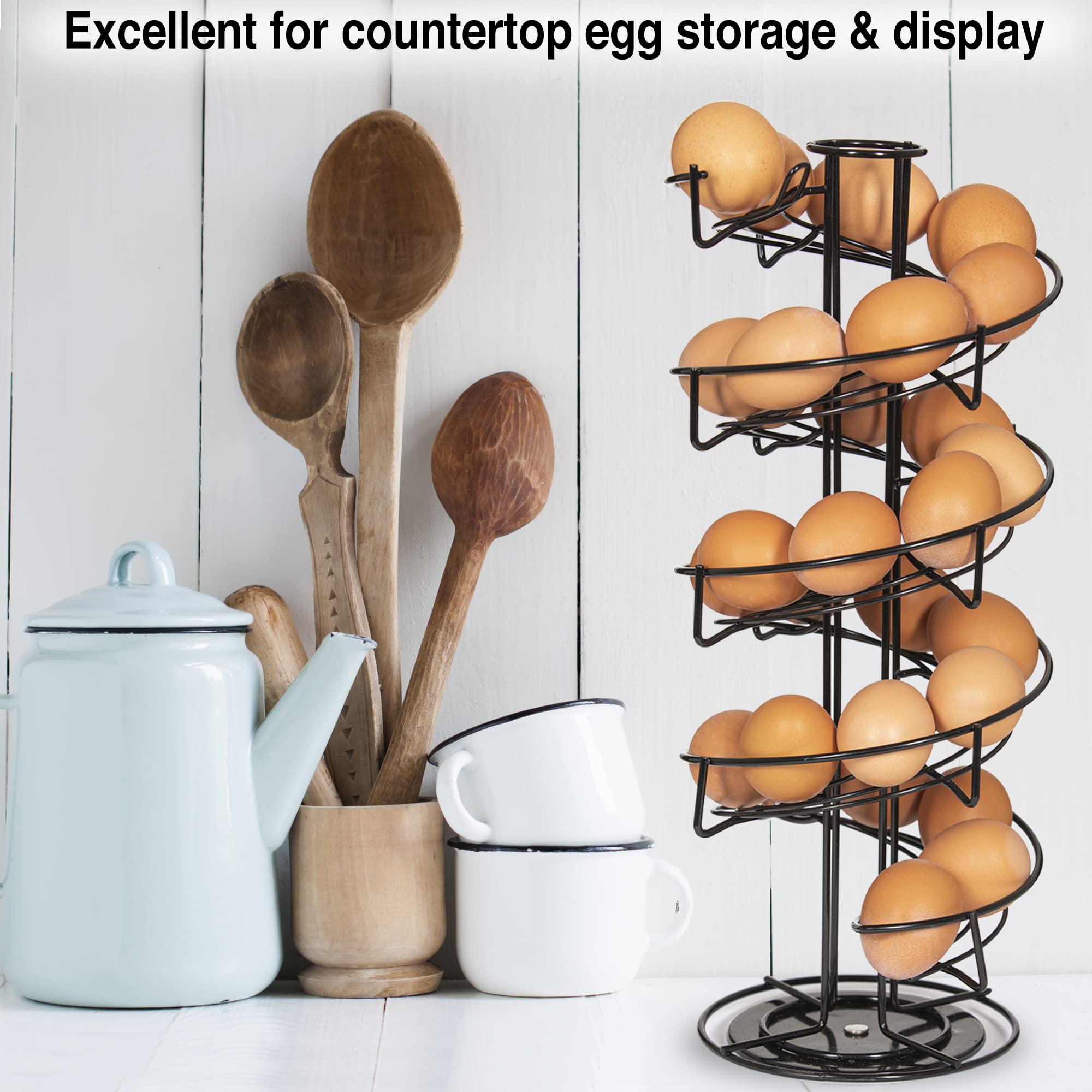 WOODLAND ACRES Rotating Spiral Egg Dispensing Rack, Egg Skelter, Countertop egg storage & display. INCLUDES Matching Egg Collecting Basket