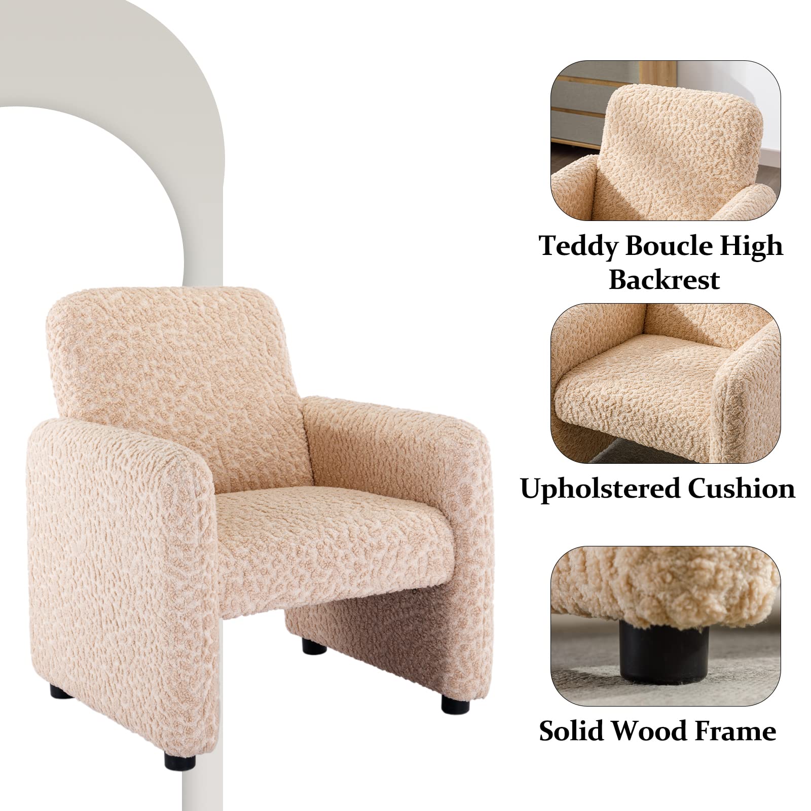 ZSARTS Sherpa Accent Chair with High Back, Khaki Teddy Armchair Upholstered Single Sofa Comfy Side Chair Vanity Chair with Wood Frame for Bedroom Reception Small Space,Khaki