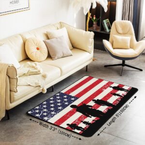 American Flag Area Rug 3x5 for Boys Kids Men Vintage White and Red Stars Stripes Rug,Soldier Silhouettes Carpet Exotic Retro USA National Flag Area Rugs for Living Room