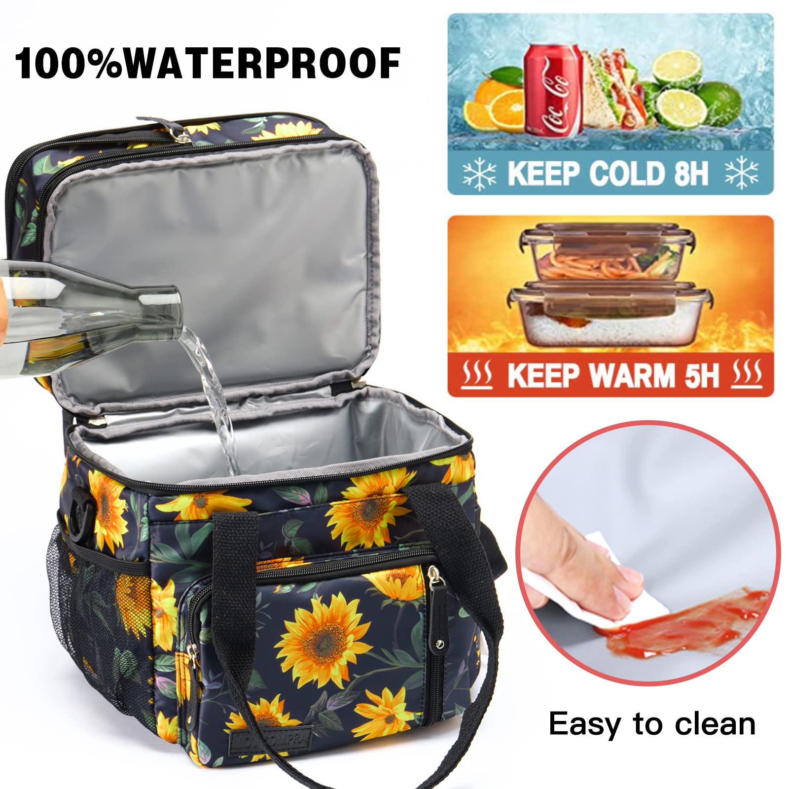 MOV COMPRA Lunch Bag for Women Men Double Deck Lunch Box,Expandable Large Lunch Bags,Leakproof Lunch Box Cooler Bag (Sunflower)