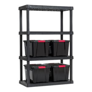 iris usa 4-tier shelving unit, 36" w x 18" d x 56" h, 1 pack, black + iris usa 40 qt. plastic storage container bin with secure lid and latching buckles, 4 pack, black, bundle