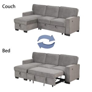 EBELLO Convertible Sleeper Sofa 3 in 1, Chenille Modern L-Shaped Couches for Living Room, Pull Out Sectional Futon Sofa Bed with Storage Space, USB Ports and Cup Holders for Bedroom, Grey