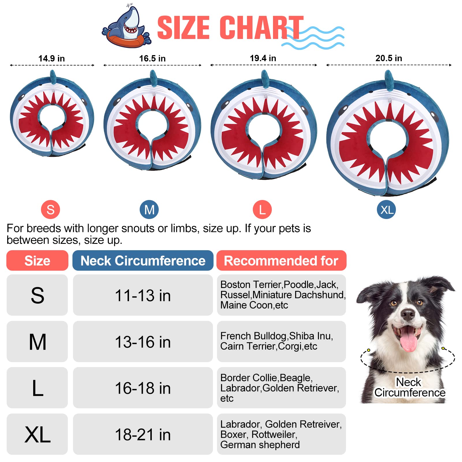 BEAUTYZOO Dog Cone Alternative After Surgery for Large Medium Small Dogs, Soft Inflatable Cone Collar for Dogs Cats, Dog Neck Donut E Collar Dog Recovery Collar to Stop Licking, Shark Blue, XL