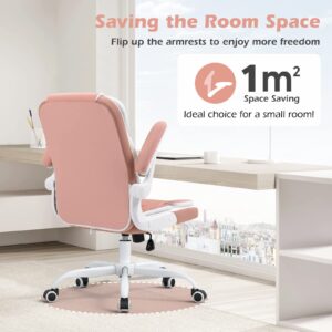 SEATZONE Ergonomic Office Chair Pink PU Leather Desk Chairs Computer Chair with Wheels and Flip-up Arms,Rolling Swivel Task Chair for Women,Girls