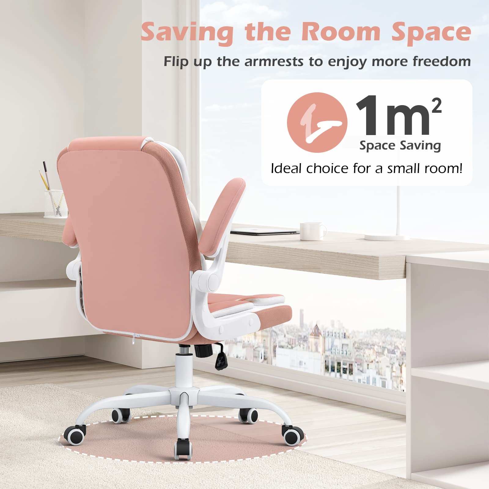 SEATZONE Ergonomic Office Chair Pink PU Leather Desk Chairs Computer Chair with Wheels and Flip-up Arms,Rolling Swivel Task Chair for Women,Girls