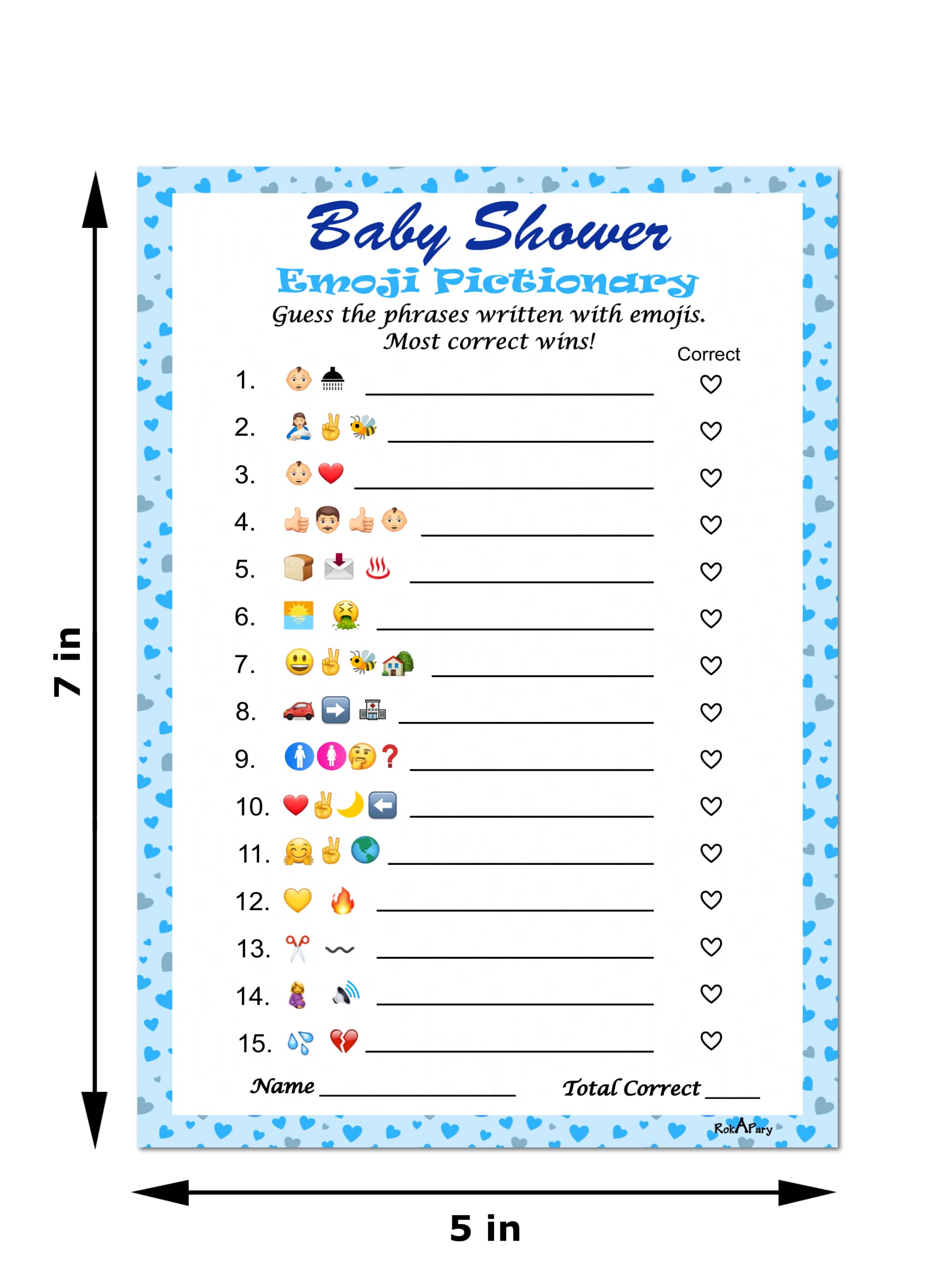 Baby Shower Emoji Pictionary Game, Blue for Boy, Baby Shower and Sprinkle Party Ideas, Play Pack of 30 Cards 5”x7”. Made in USA