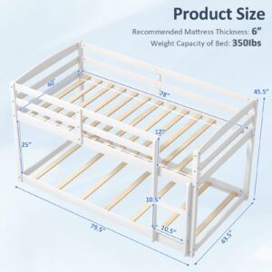 Giantex Twin Low Bunk Bed, Solid Wood Twin Over Twin Bunk Bed Frame with Full Guardrails & Integrated Ladder, Floor Twin Bunk Beds for Kids Boys and Girls, No Box Spring Needed, White