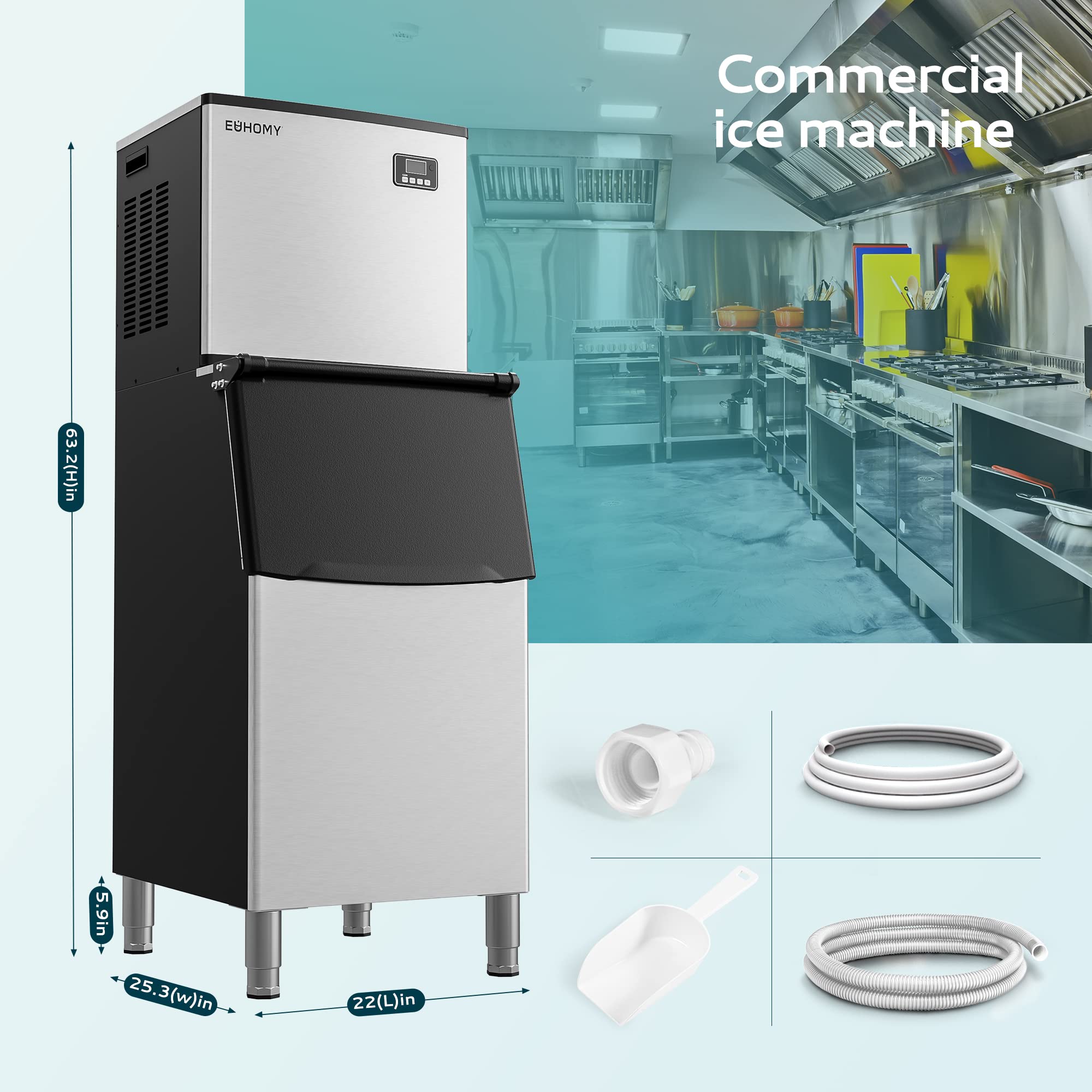 EUHOMY Commercial Ice Maker Machine 400Lbs/24H, SECOP Compressor&ETL Approval, Industrial Ice Machine, 250Lbs Storage, Ice Ready in 8-15 min, Stainless Steel Ice Maker for Bar/Cafe/Restaurant/Business