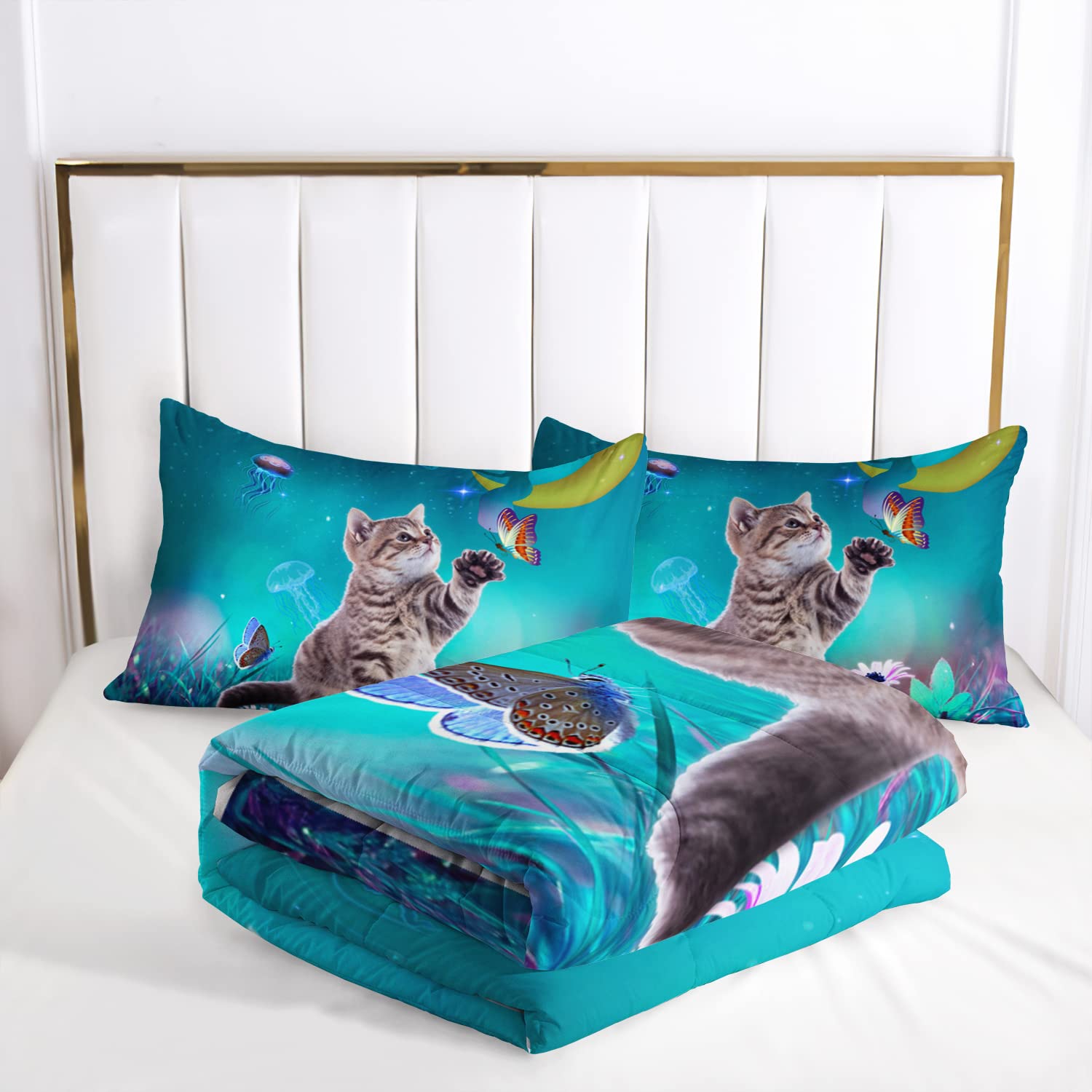 AILONEN Cat Bedding Set Queen Size with Girl Sitting on The Moon and Jellyfish Comforter Set for Kids Boys Girls,Dreamy Starry Soft Breathable Duvet Set 3 Pieces, 1 Quilt and 2 Pillowcases