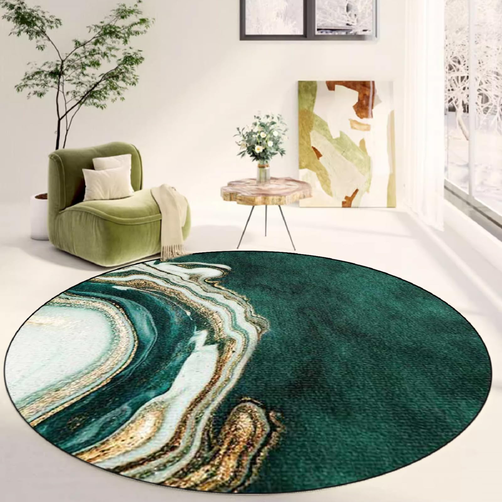 6 Feet Large Round Emerald Green Area Rug for Living Dinning Room Sofa Couch Abstract Marble Floor Mats Washable Soft Circle Home Decor Carpets