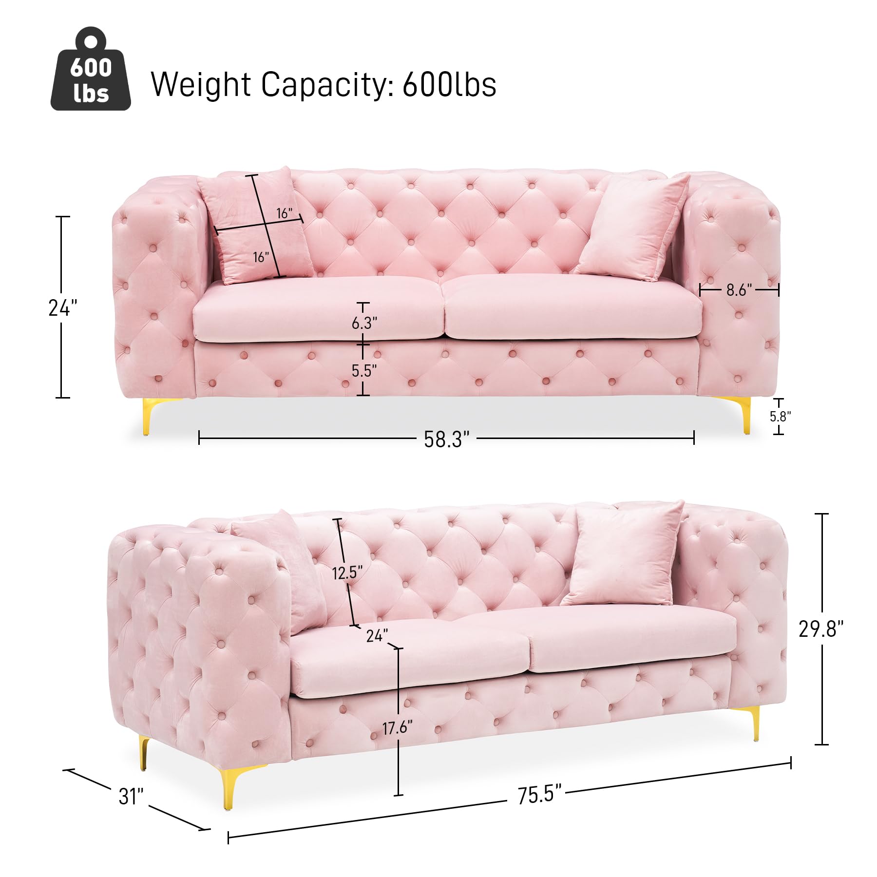 OUYESSIR Modern Velvet Sofa for Living Room, 75 Inches Long Tufted Couch, Upholstered Sofa with 2 Pillows Wide Armrest and Metal Legs for Bedroom Office (Pink)