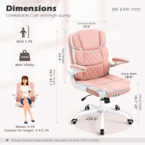 SEATZONE Ergonomic Office Chair Pink PU Leather Desk Chairs Computer Chair with Wheels and Flip-up Arms,Rolling Swivel Task Chair for Women,Girls